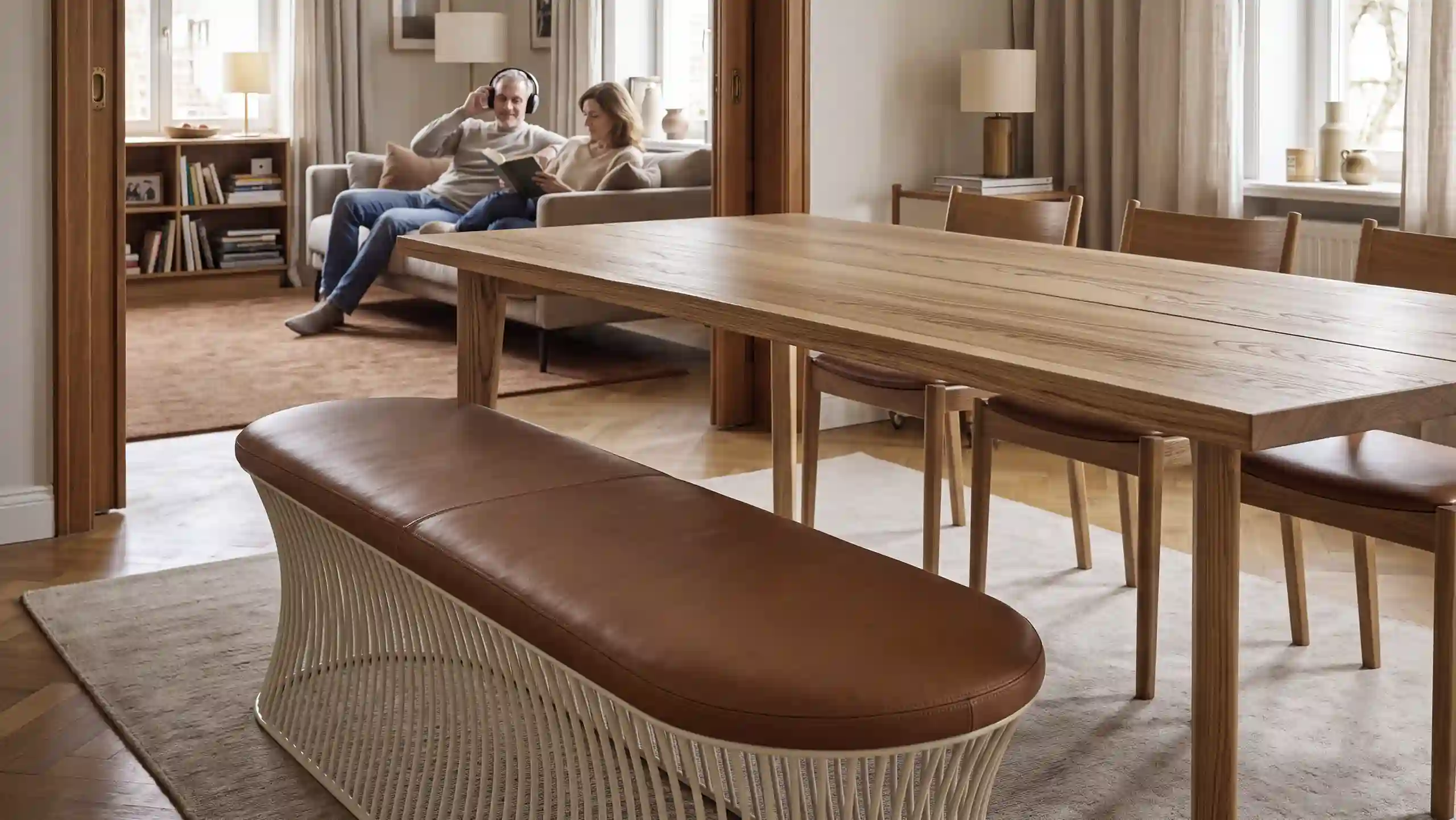 Ovale Curveo Bank mit cognacbraunem Lederpolster und champagnerfarbenes Metall-Lamellengestell an einem Holz-Esstisch.