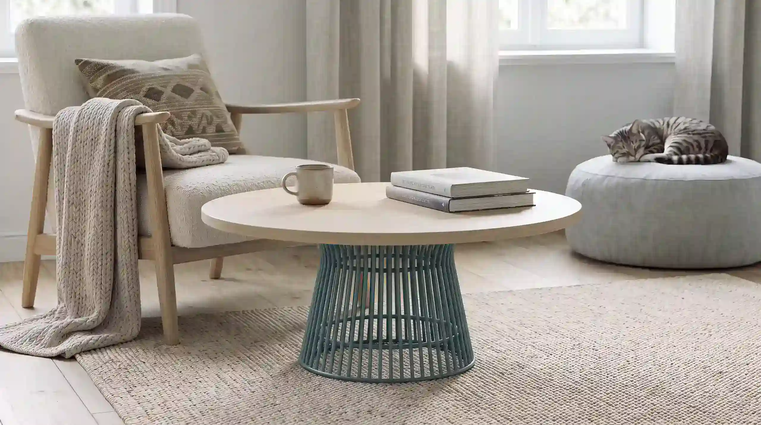 Hell eingerichtetes Wohnzimmer mit einem runden Curveo Couchtisch mit heller Holztischplatte und blauem Drahtgestell, einem Holzsessel, hellen Vorhängen und einer schlafenden Katze auf einem Pouf.