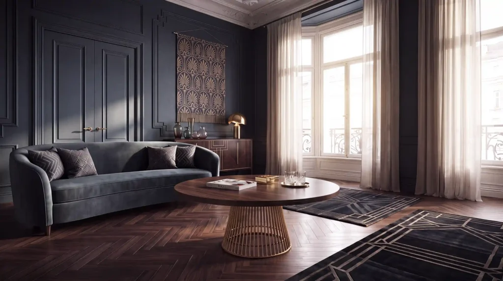 curveo Couchtisch in einem stimmungsvoll abgedunkelten, modernen Wohnzimmer vor einer Couch.