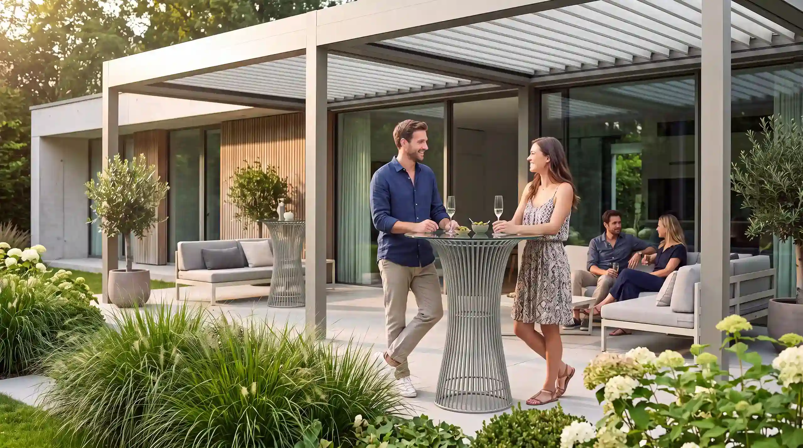 Moderne Terrasse mit dem Curveo Stehtisch aus grauen Metallstreben; ein Paar steht im Vordergrund mit Gläsern am Tisch und unterhalten sich.