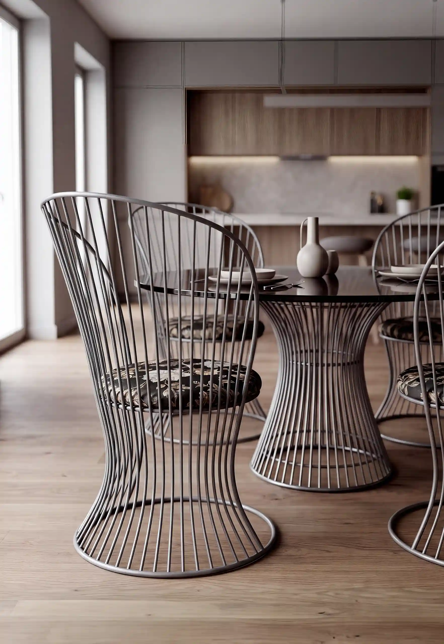 Moderne Wohnküche mit den Curveo Stühlen aus dunklem Stahldraht an einem passenden Curveo Esstisch.