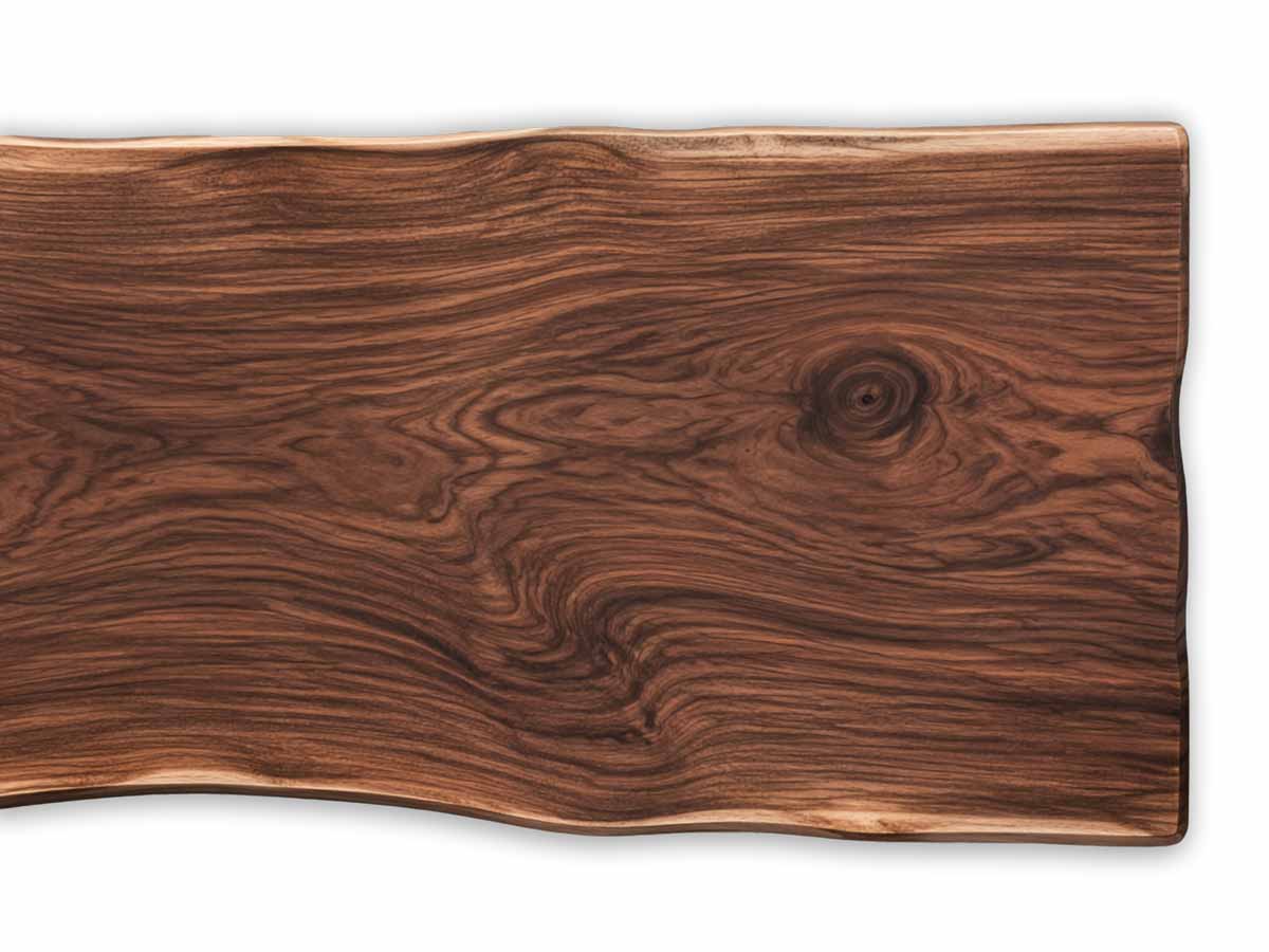 Nussbaum-Tischplatte aus Massivholz mit dunkler, lebendiger Maserung, ausgeprägtem Astloch und natürlicher Baumkante.