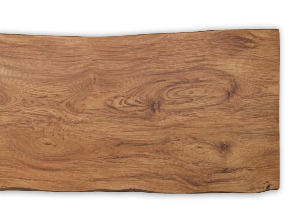 Ulmen-Tischplatte aus Massivholz mit lebendiger, geschwungener Maserung, warmen Brauntönen und natürlicher Baumkante.